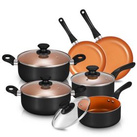 10 Piece Ceramic Nonstick Aluminum Cookware Set - Black & Copper & Blue (Color: black, Material: stainless steel)