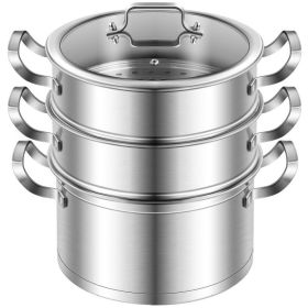 Daily Delicacies Pot 304 Stainless Steel  3-Tier Steamer Pot (Color: Silver A, Material: stainless steel)